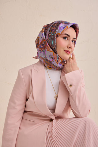 Twill İpek Eşarp Badem Motif Desen Lila 90x90 - Twill İpek Eşarp - | Silk Home
