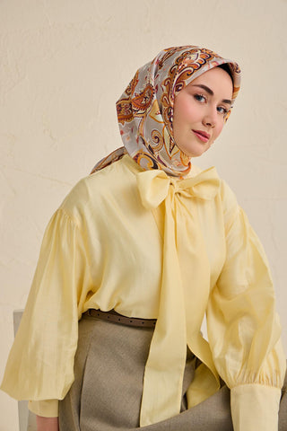 Twill İpek Eşarp Badem Motif Desen Gri 90x90 - Twill İpek Eşarp - | Silk Home