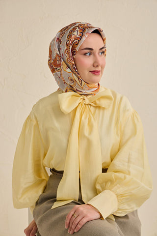 Twill İpek Eşarp Badem Motif Desen Gri 90x90 - Twill İpek Eşarp - | Silk Home
