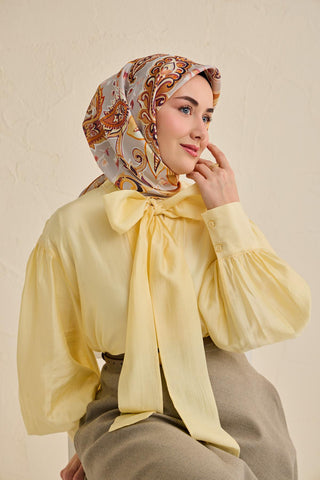 Twill İpek Eşarp Badem Motif Desen Gri 90x90 - Twill İpek Eşarp - | Silk Home
