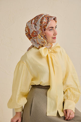 Twill İpek Eşarp Badem Motif Desen Gri 90x90 - Twill İpek Eşarp - | Silk Home