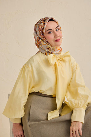 Twill İpek Eşarp Badem Motif Desen Gri 90x90 - Twill İpek Eşarp - | Silk Home