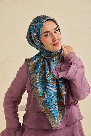 Twill İpek Eşarp Badem Motif Desen Taba 90x90 - Twill İpek Eşarp - | Silk Home