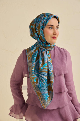 Twill İpek Eşarp Badem Motif Desen Taba 90x90 - Twill İpek Eşarp - | Silk Home