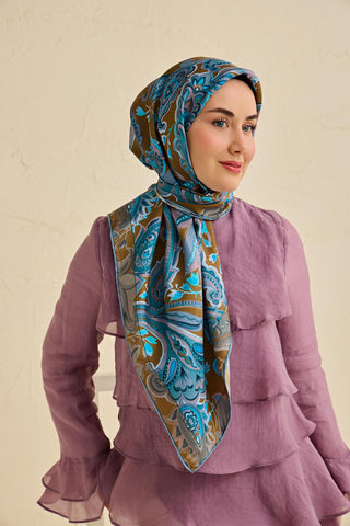 Twill İpek Eşarp Badem Motif Desen Taba 90x90 - Twill İpek Eşarp - | Silk Home