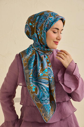 Twill İpek Eşarp Badem Motif Desen Taba 90x90 - Twill İpek Eşarp - | Silk Home