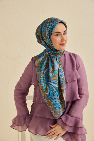 Twill İpek Eşarp Badem Motif Desen Taba 90x90 - Twill İpek Eşarp - | Silk Home