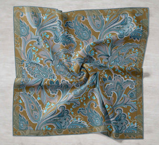 Twill İpek Eşarp Badem Motif Desen Taba 90x90 - Twill İpek Eşarp - | Silk Home