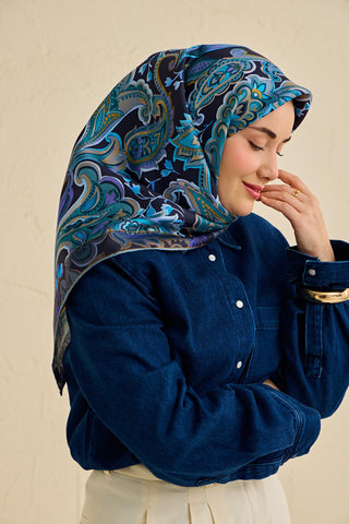 Twill İpek Eşarp Badem Motif Desen Gece Mavisi 90x90 - Twill İpek Eşarp - | Silk Home