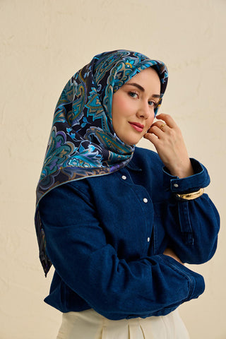 Twill İpek Eşarp Badem Motif Desen Gece Mavisi 90x90 - Twill İpek Eşarp - | Silk Home