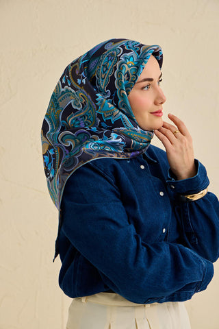 Twill İpek Eşarp Badem Motif Desen Gece Mavisi 90x90 - Twill İpek Eşarp - | Silk Home