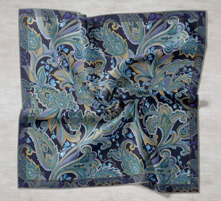 Twill İpek Eşarp Badem Motif Desen Gece Mavisi 90x90 - Twill İpek Eşarp - | Silk Home