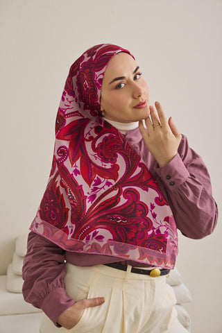 Twill İpek Eşarp Badem Motif Desen Toz Pembe 90x90 - Twill İpek Eşarp - | Silk Home