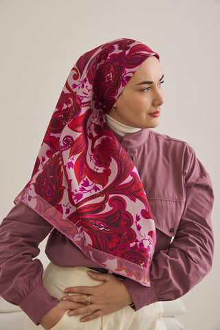 Twill İpek Eşarp Badem Motif Desen Toz Pembe 90x90 - Twill İpek Eşarp - | Silk Home