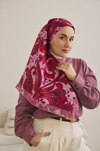 Twill İpek Eşarp Badem Motif Desen Toz Pembe 90x90 - Twill İpek Eşarp - | Silk Home