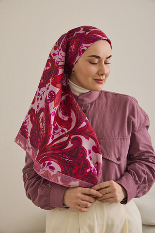 Twill İpek Eşarp Badem Motif Desen Toz Pembe 90x90 - Twill İpek Eşarp - | Silk Home