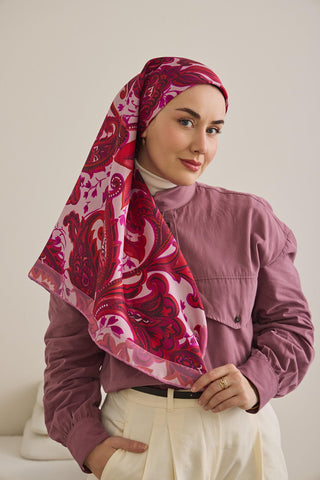 Twill İpek Eşarp Badem Motif Desen Toz Pembe 90x90 - Twill İpek Eşarp - | Silk Home