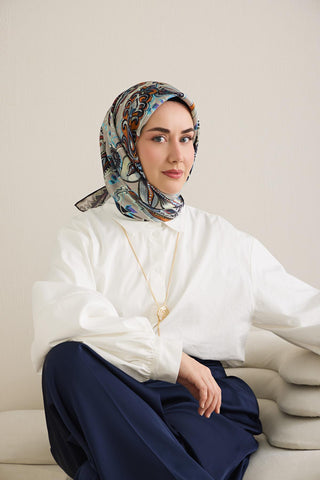Twill İpek Eşarp Badem Motif Desen Gümüş 90x90 - Twill İpek Eşarp - | Silk Home