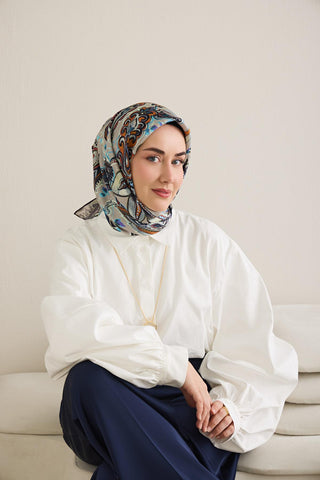 Twill İpek Eşarp Badem Motif Desen Gümüş 90x90 - Twill İpek Eşarp - | Silk Home