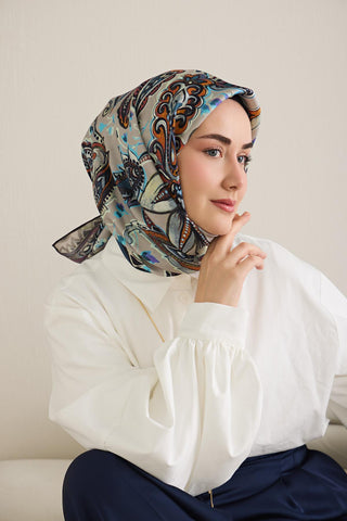 Twill İpek Eşarp Badem Motif Desen Gümüş 90x90 - Twill İpek Eşarp - | Silk Home