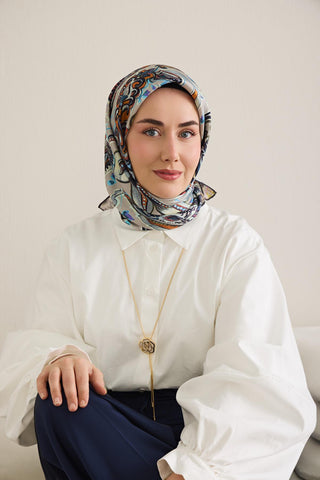 Twill İpek Eşarp Badem Motif Desen Gümüş 90x90 - Twill İpek Eşarp - | Silk Home
