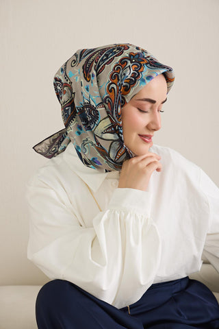 Twill İpek Eşarp Badem Motif Desen Gümüş 90x90 - Twill İpek Eşarp - | Silk Home
