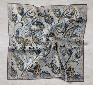 Twill İpek Eşarp Badem Motif Desen Gümüş 90x90 - Twill İpek Eşarp - | Silk Home