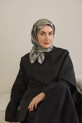 Twill İpek Eşarp Badem Motif Desen Açık Gri 90x90 - Twill İpek Eşarp - | Silk Home