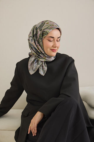 Twill İpek Eşarp Badem Motif Desen Açık Gri 90x90 - Twill İpek Eşarp - | Silk Home