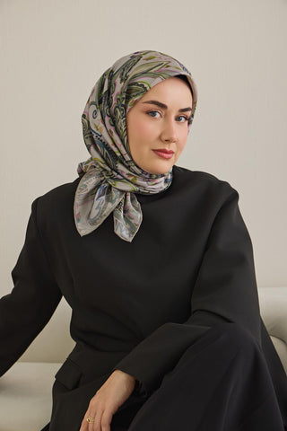 Twill İpek Eşarp Badem Motif Desen Açık Gri 90x90 - Twill İpek Eşarp - | Silk Home
