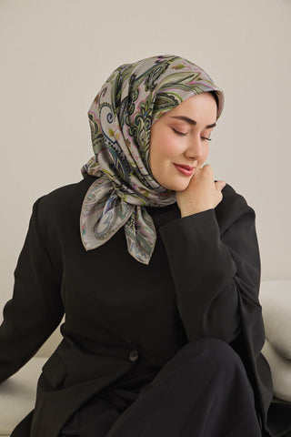 Twill İpek Eşarp Badem Motif Desen Açık Gri 90x90 - Twill İpek Eşarp - | Silk Home