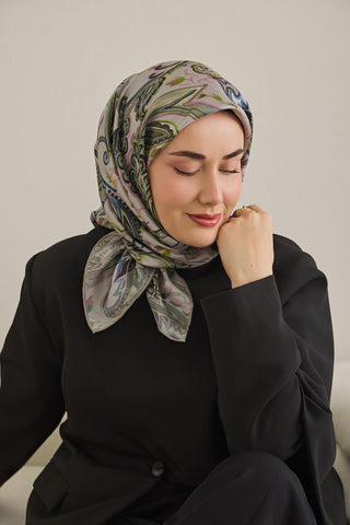 Twill İpek Eşarp Badem Motif Desen Açık Gri 90x90 - Twill İpek Eşarp - | Silk Home