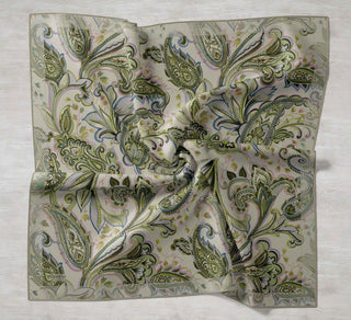 Twill İpek Eşarp Badem Motif Desen Açık Gri 90x90 - Twill İpek Eşarp - | Silk Home