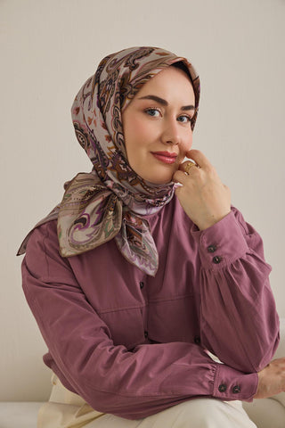 Twill İpek Eşarp Badem Motif Desen Taş 90x90 - Twill İpek Eşarp - | Silk Home