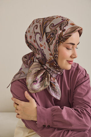 Twill İpek Eşarp Badem Motif Desen Taş 90x90 - Twill İpek Eşarp - | Silk Home