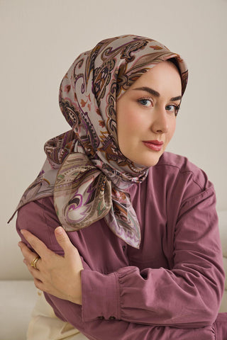 Twill İpek Eşarp Badem Motif Desen Taş 90x90 - Twill İpek Eşarp - | Silk Home