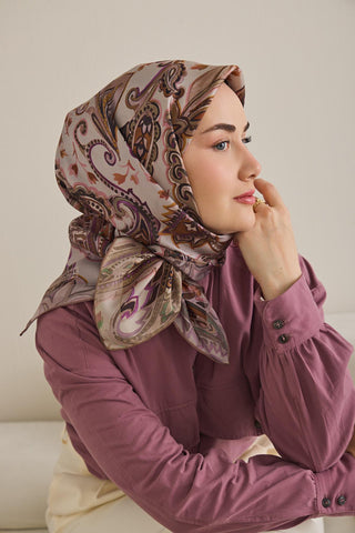 Twill İpek Eşarp Badem Motif Desen Taş 90x90 - Twill İpek Eşarp - | Silk Home