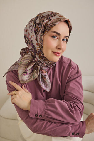 Twill İpek Eşarp Badem Motif Desen Taş 90x90 - Twill İpek Eşarp - | Silk Home