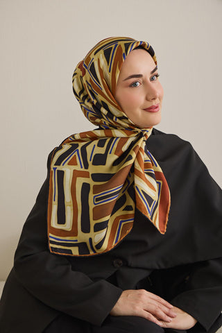 Twill Silk Scarf, Navy Blue, Green Tones, Patterned, Firm Structure, 90x90 cm.