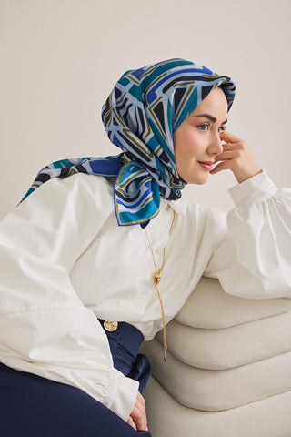 Twill İpek Eşarp Bohem Atlas Desen Bebe Mavi 90x90 - Twill İpek Eşarp - | Silk Home