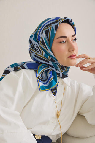 Twill İpek Eşarp Bohem Atlas Desen Bebe Mavi 90x90 - Twill İpek Eşarp - | Silk Home