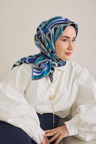Twill İpek Eşarp Bohem Atlas Desen Bebe Mavi 90x90 - Twill İpek Eşarp - | Silk Home