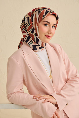 Twill İpek Eşarp Bohem Atlas Desen Ekru 90x90 - Twill İpek Eşarp - | Silk Home
