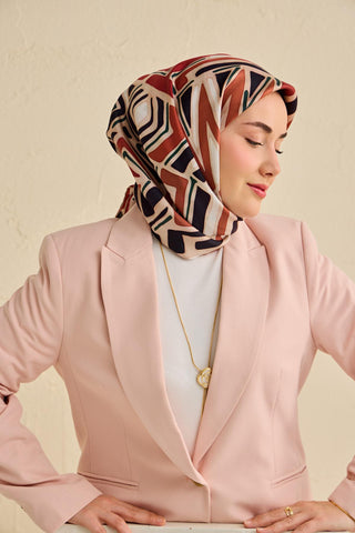 Twill İpek Eşarp Bohem Atlas Desen Ekru 90x90 - Twill İpek Eşarp - | Silk Home
