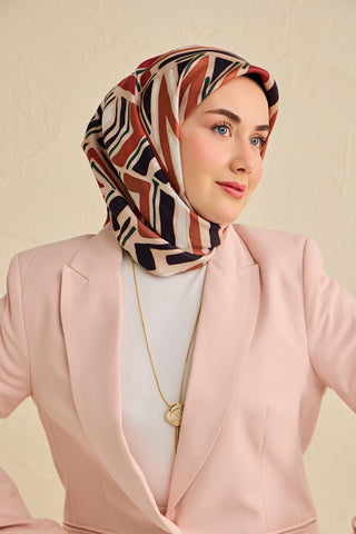 Twill İpek Eşarp Bohem Atlas Desen Ekru 90x90 - Twill İpek Eşarp - | Silk Home