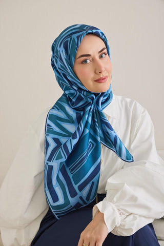 Twill Silk Scarf, Navy Blue, Green Tones, Patterned, Firm Structure, 90x90 cm.