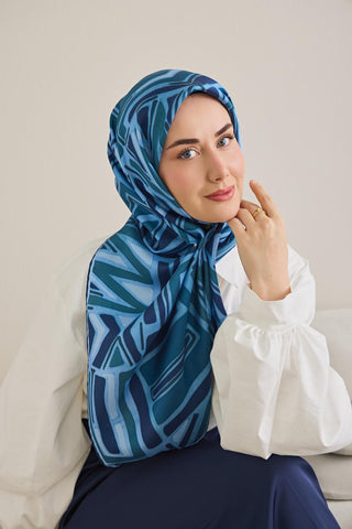 Twill İpek Eşarp Bohem Atlas Desen Gök Mavi 90x90 - Twill İpek Eşarp - | Silk Home