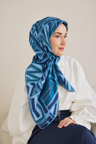 Twill İpek Eşarp Bohem Atlas Desen Gök Mavi 90x90 - Twill İpek Eşarp - | Silk Home