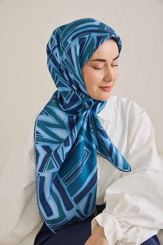 Twill İpek Eşarp Bohem Atlas Desen Gök Mavi 90x90 - Twill İpek Eşarp - | Silk Home