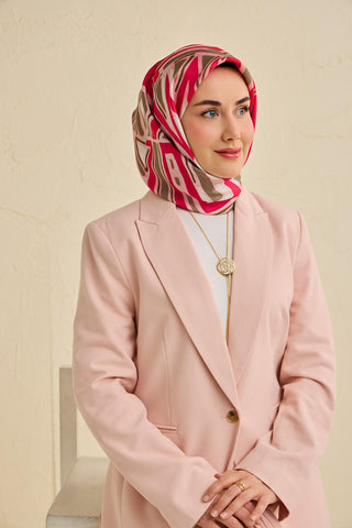 Twill İpek Eşarp Bohem Atlas Desen Tozpembe 90x90 - Twill İpek Eşarp - | Silk Home